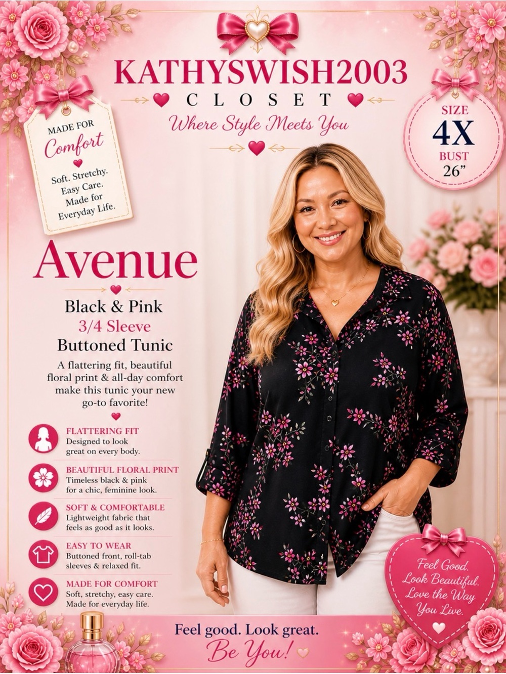 Avenue Black and Pink 3/4 Sleeve Buttoned Tunic Size 18 Bust 26” Length 32”